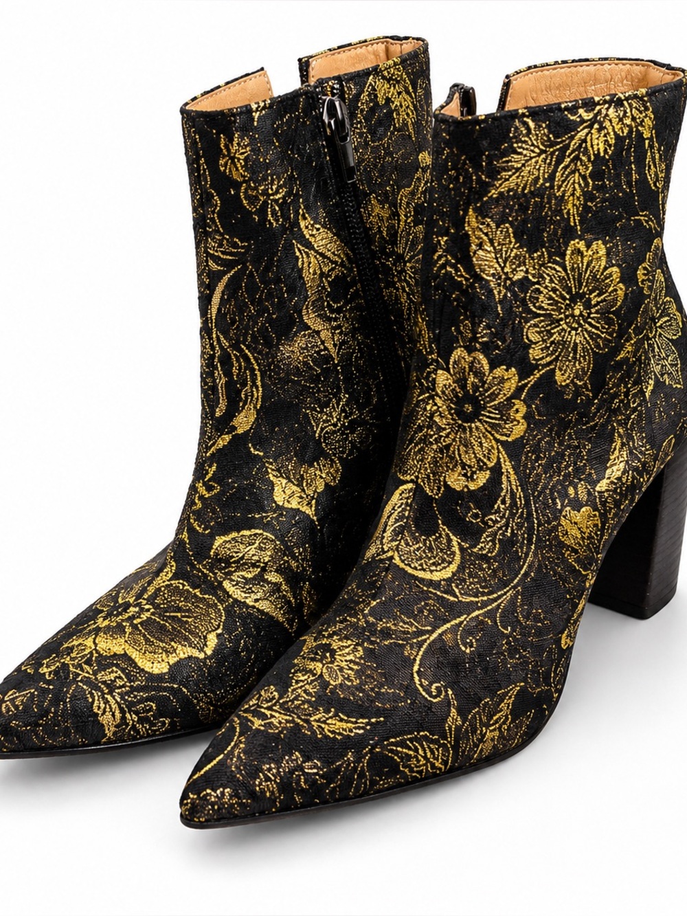 Title: Franco Sarto Black Gold Floral Brocade Ankle Boots Size 9M